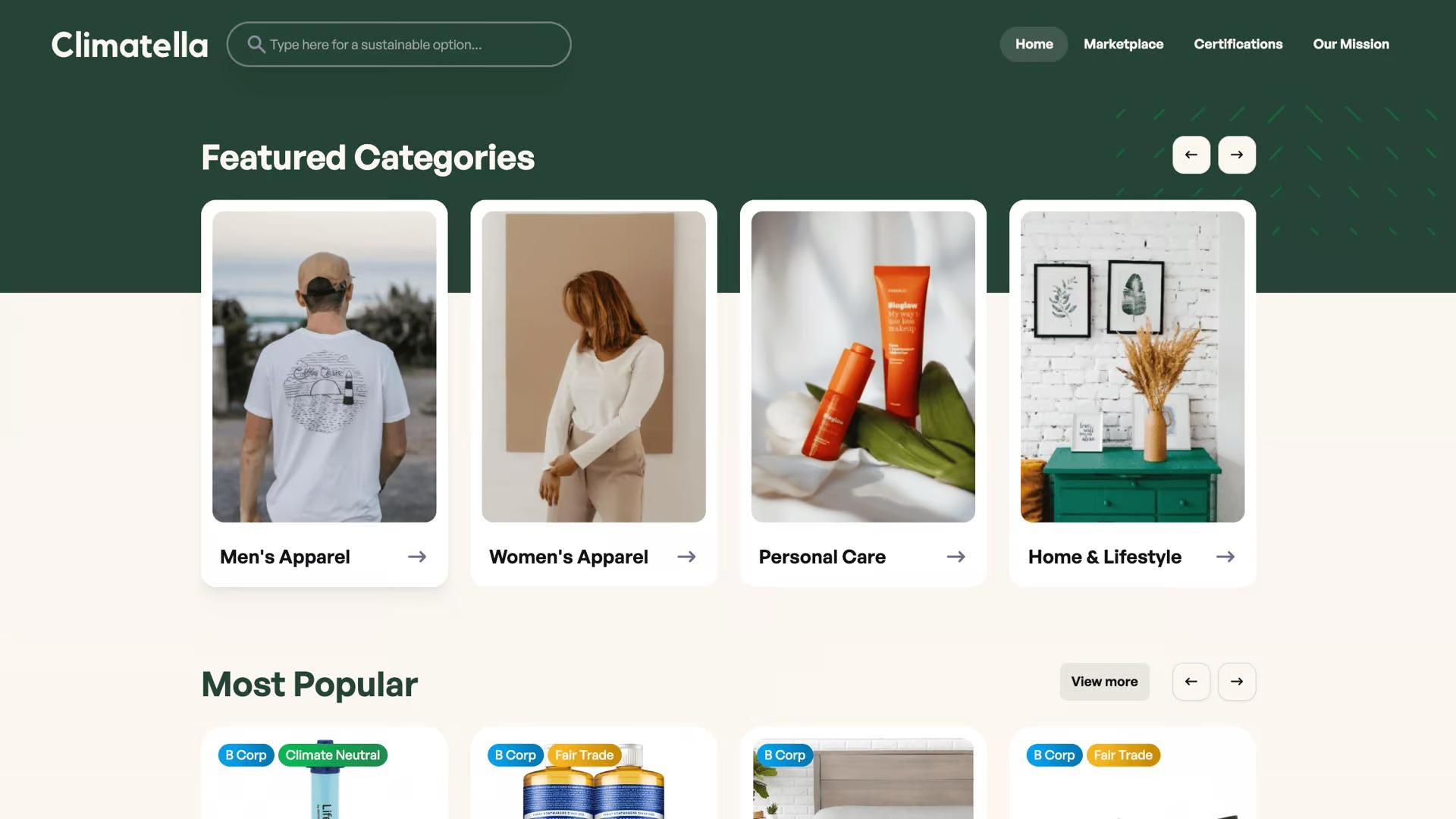 Featured categories section showcasing sustainable shopping options with image cards for Men's Apparel, Women's Apparel, Personal Care, and Home & Lifestyle, followed by a Most Popular products carousel displaying certified items with B Corp and Climate Neutral badges