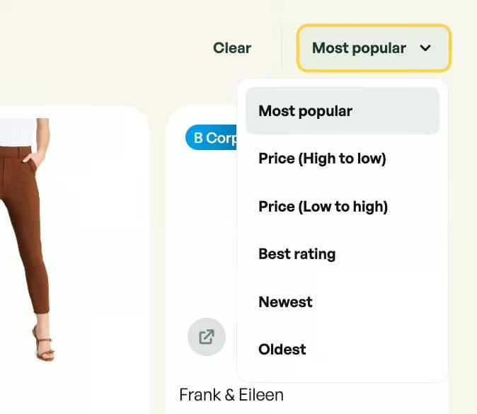 Dropdown sorting menu for shopping results with options including Most popular, Price (High to low), Price (Low to high), Best rating, Newest, and Oldest