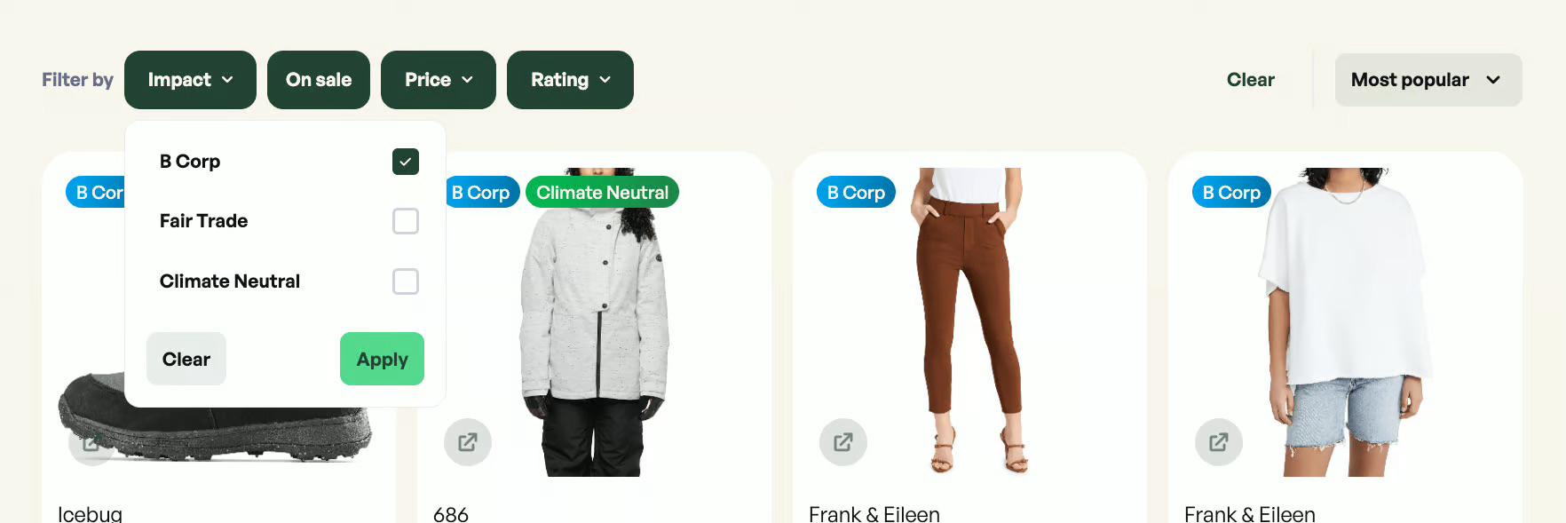 Product grid showing sustainable clothing items with filter options for Impact, Price, and Rating.