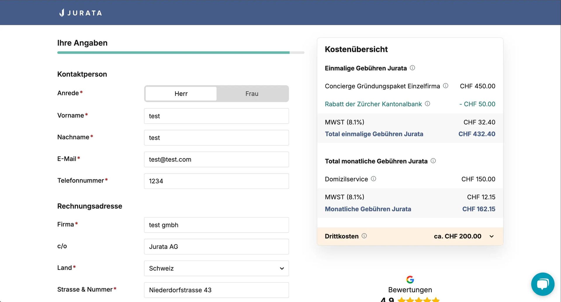 Contact form showing personal details.