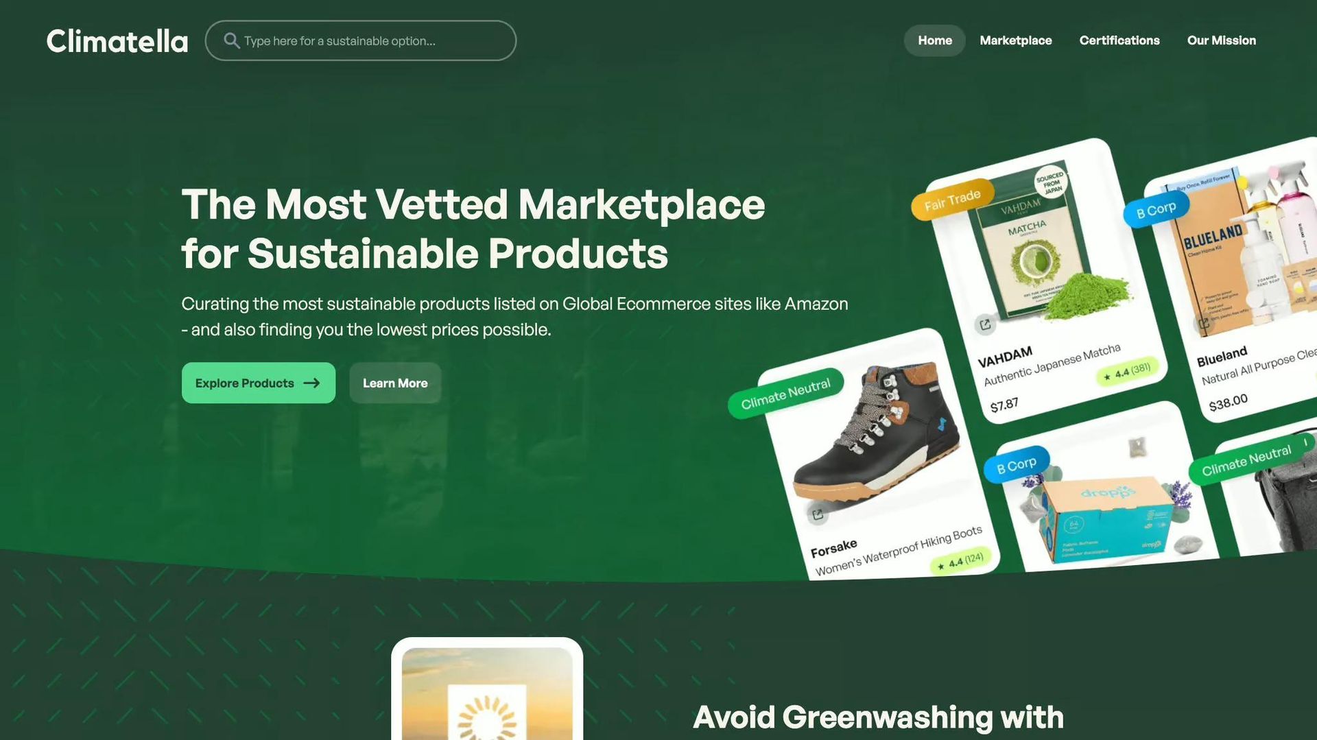 Climatella's marketplace homepage featuring sustainable products, with a search bar, navigation menu, and product cards showing items like matcha tea, hiking boots, and cleaning supplies against a dark green background.