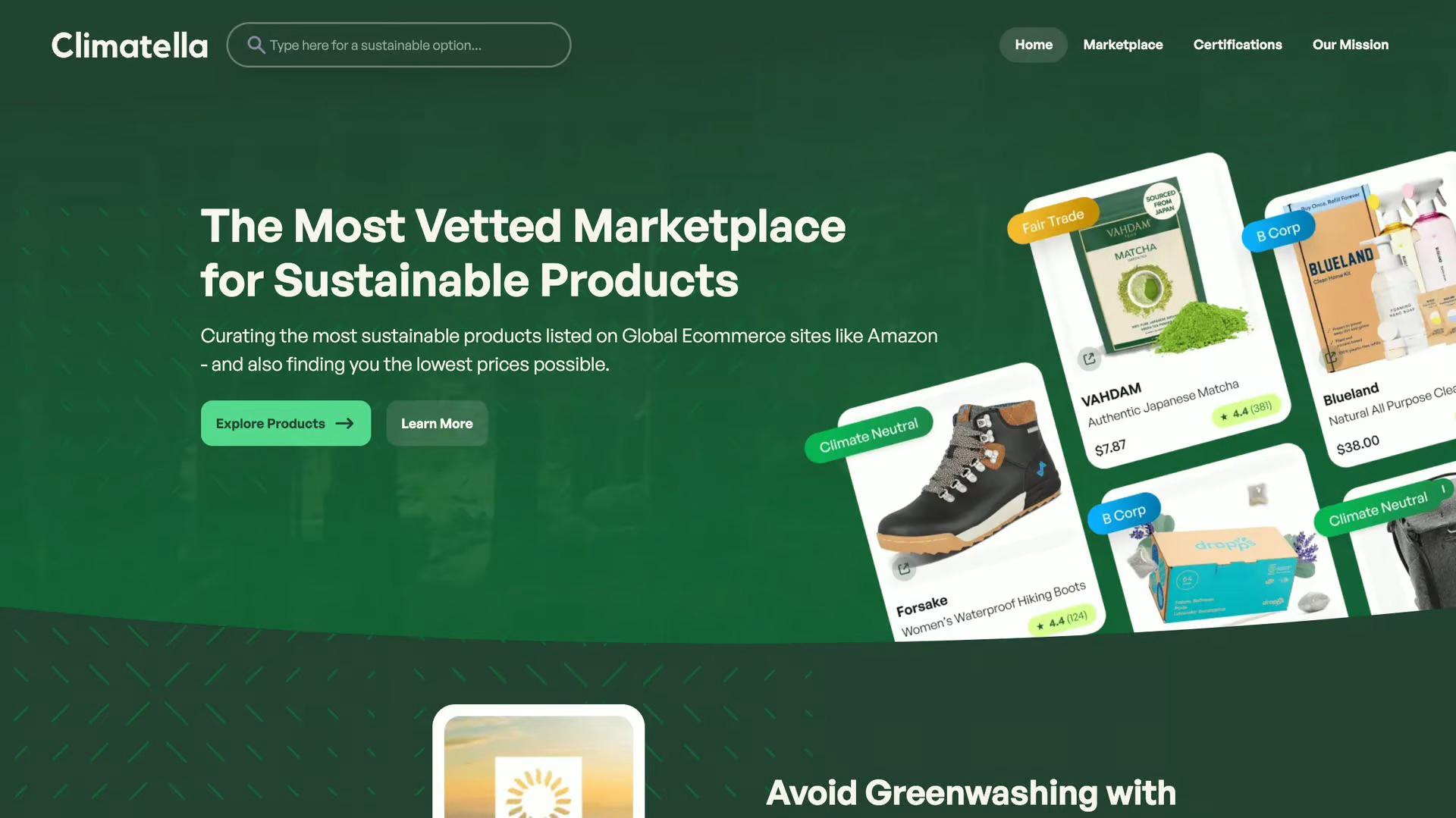 The hero section of the homepage feature a background video to invite the user in Climatella's universe.