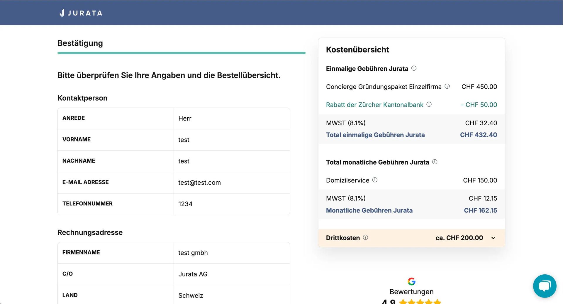 Order confirmation page showing contact details and cost breakdown for the business registration services.