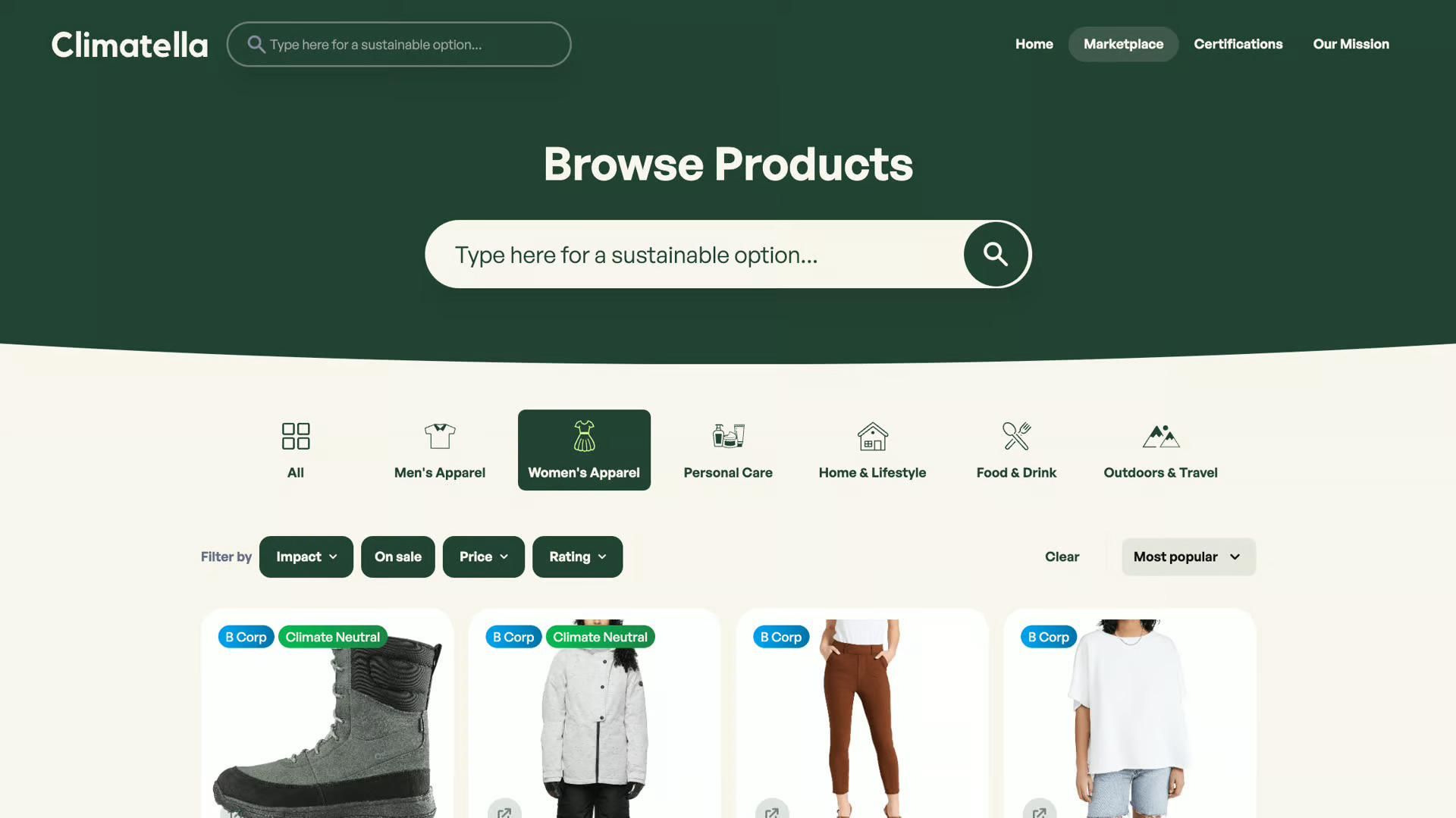 Climatella sustainable marketplace homepage featuring a search bar, category icons for shopping sections like Apparel and Home & Lifestyle, and product listings with B Corp and Climate Neutral certifications displayed