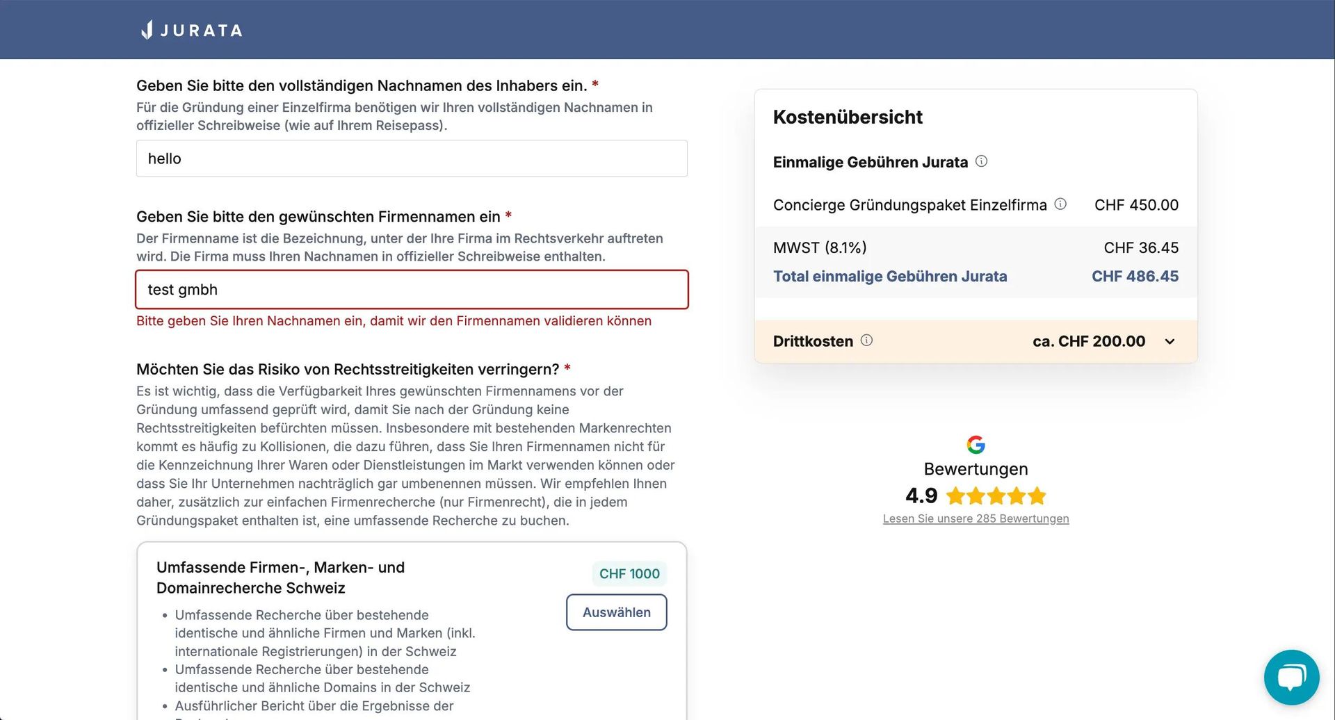 Registration form for a Swiss company with input fields for owner name and company name with a validation error.